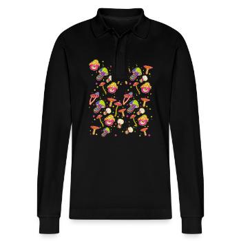lustige Pilze Pilz Waldpilze bunt farbenfroh - Stanley/Stella Unisex Bio-Langarm-Poloshirt Prepster - Schwarz - Vorne - Anna (173cm) & Nico (186cm)