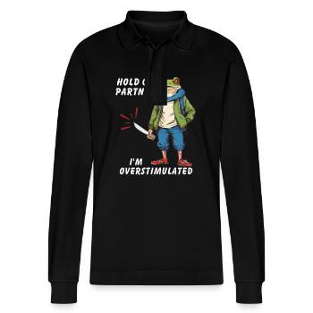 Hold On Partner I'm Overstimulated - Stanley/Stella Organic Unisex Long-Sleeved Polo Shirt Prepster - black - Front - Anna (173cm) & Nico (186cm)