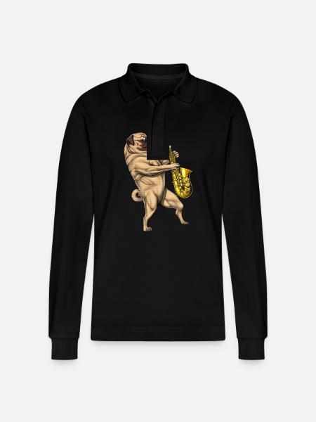 Pug Saxophone Player - Stanley/Stella Organic Unisex Long-Sleeved Polo Shirt Prepster - black