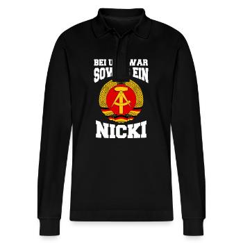 East Germany East East East GDR Home Eastern Bloc - Stanley/Stella Organic Unisex Long-Sleeved Polo Shirt Prepster - black - Front - Anna (173cm) & Nico (186cm)