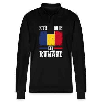 Romanian Romania Romania - Stanley/Stella Organic Unisex Long-Sleeved Polo Shirt Prepster - black - Front - Anna (173cm) & Nico (186cm)