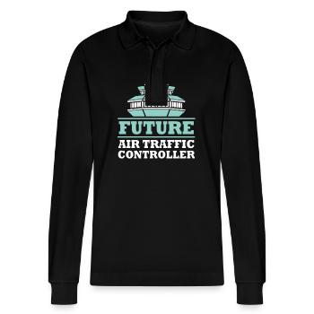Air traffic controller - Stanley/Stella Organic Unisex Long-Sleeved Polo Shirt Prepster - black - Front - Anna (173cm) & Nico (186cm)