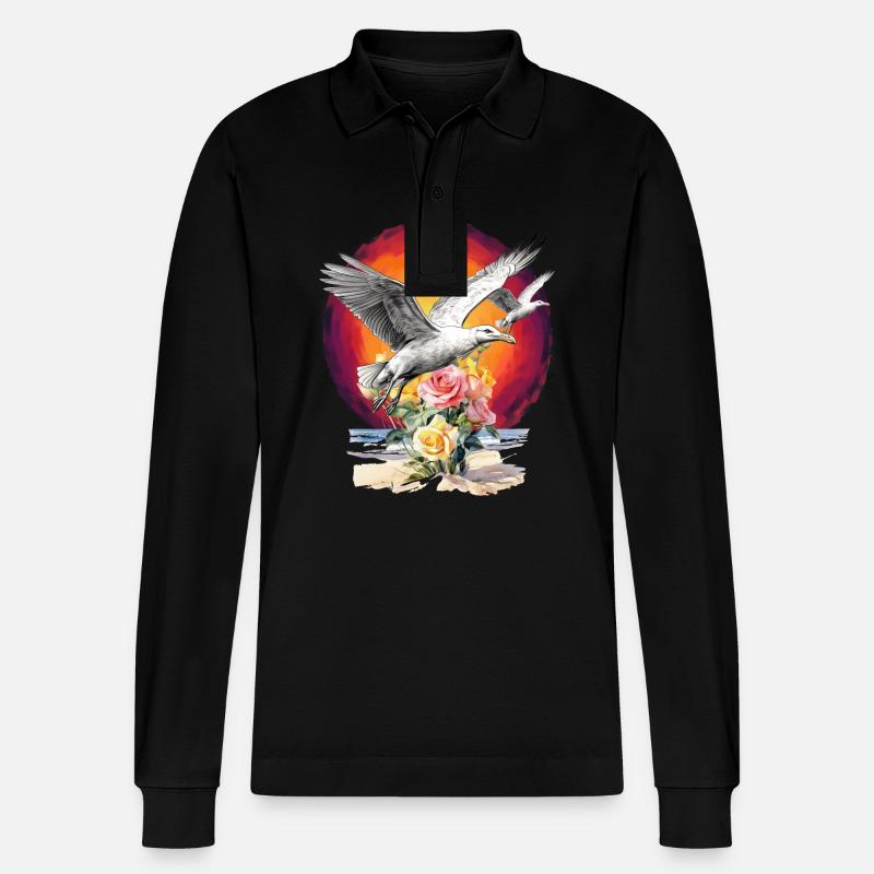 Seagulls Seagull Seagulls Maritime Sunset - Stanley/Stella Organic Unisex Long-Sleeved Polo Shirt Prepster - black