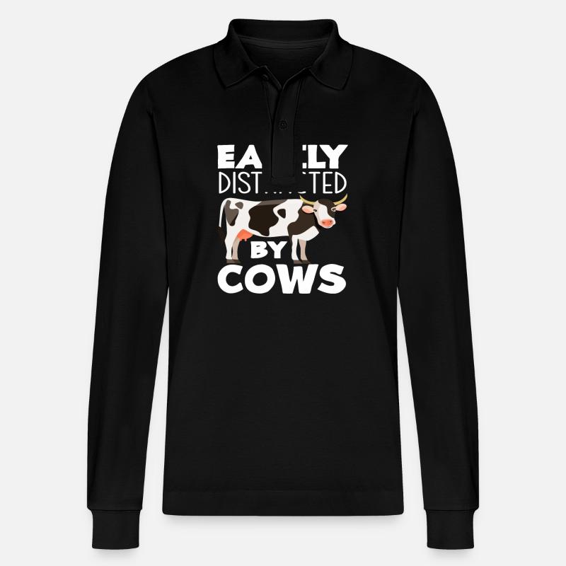 Easily distracted by cows - Stanley/Stella Organic Unisex Long-Sleeved Polo Shirt Prepster - black