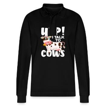 Yep! I talk to cows funny cow - Stanley/Stella Organic Unisex Long-Sleeved Polo Shirt Prepster - black - Front - Anna (173cm) & Nico (186cm)
