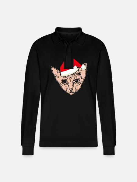 Christmas Santa Sphynx Cat - Stanley/Stella Organic Unisex Long-Sleeved Polo Shirt Prepster - black