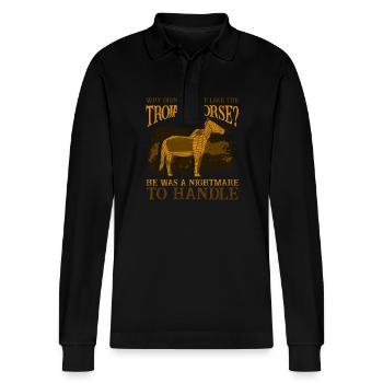 He Was A Nightmare To Handle Mythology - Stanley/Stella Organic Unisex Long-Sleeved Polo Shirt Prepster - black - Front - Anna (173cm) & Nico (186cm)