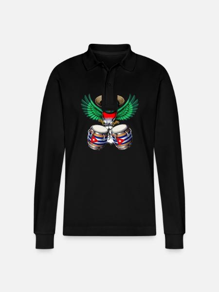 Cuba Trogon Bird Drum - Stanley/Stella Organic Unisex Long-Sleeved Polo Shirt Prepster - black
