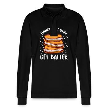 Things Can Only Get Batter Pancake - Stanley/Stella Organic Unisex Long-Sleeved Polo Shirt Prepster - black - Front - Anna (173cm) & Nico (186cm)