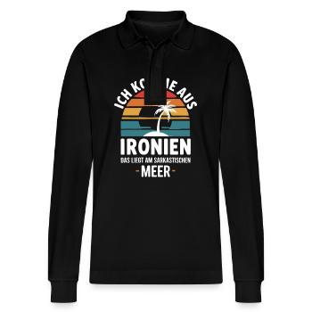 Ich komme aus Ironien das liegt am sarkastischen M - Stanley/Stella Unisex Bio-Langarm-Poloshirt Prepster - Schwarz - Vorne - Anna (173cm) & Nico (186cm)