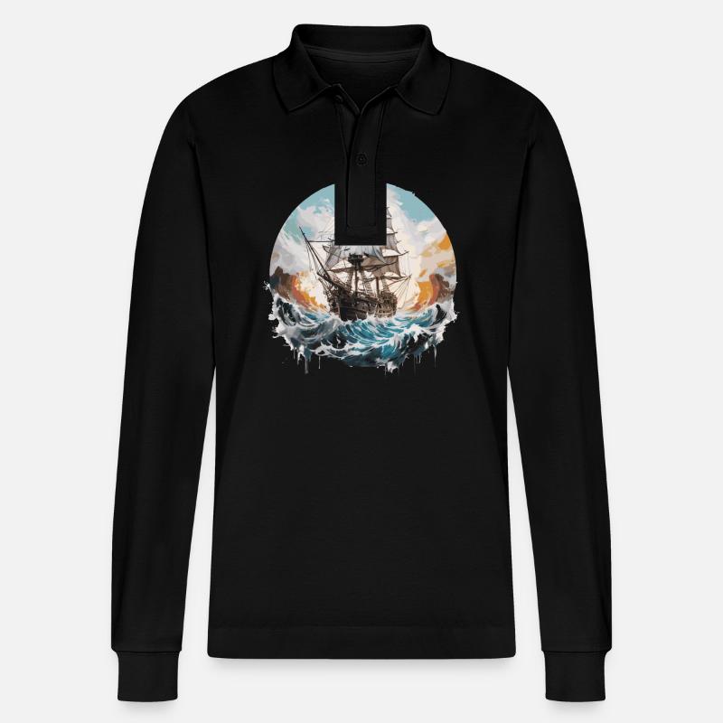 Segelschiff, Fregatte, Boot - Stanley/Stella Unisex Bio-Langarm-Poloshirt Prepster - Schwarz