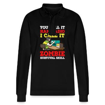 Amateur Zombie Survival Skill Amateurfunk - Stanley/Stella Unisex Bio-Langarm-Poloshirt Prepster - Schwarz - Vorne - Anna (173cm) & Nico (186cm)