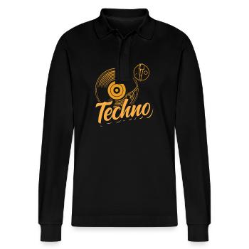 Techno Lover Vinyl Plattenspieler Design - Stanley/Stella Unisex Bio-Langarm-Poloshirt Prepster - Schwarz - Vorne - Anna (173cm) & Nico (186cm)
