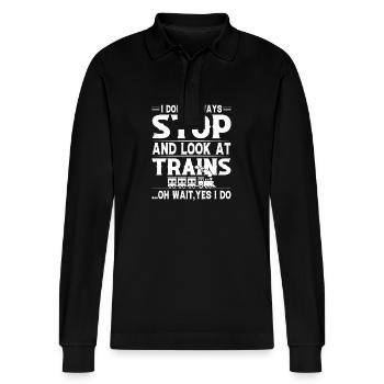 Train Lover Locomotive Model Railway - Stanley/Stella Organic Unisex Long-Sleeved Polo Shirt Prepster - black - Front - Anna (173cm) & Nico (186cm)
