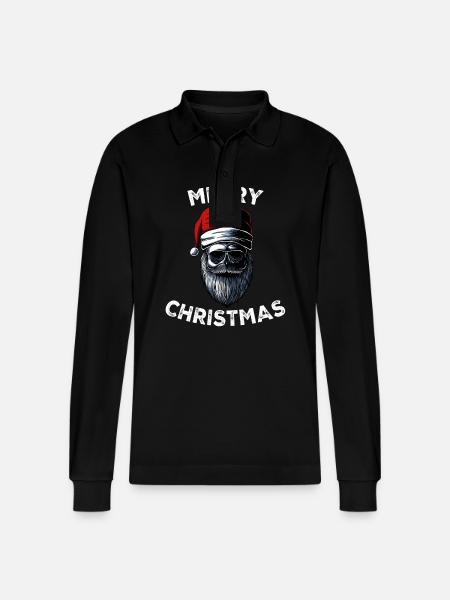 Merry Christmas Skull Skeleton with Santa Hat Xmas - Stanley/Stella Organic Unisex Long-Sleeved Polo Shirt Prepster - black