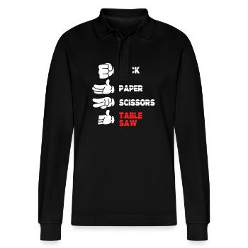 Rock Paper Scissors Table Saw Funny Hand Game - Stanley/Stella Organic Unisex Long-Sleeved Polo Shirt Prepster - black - Front - Anna (173cm) & Nico (186cm)