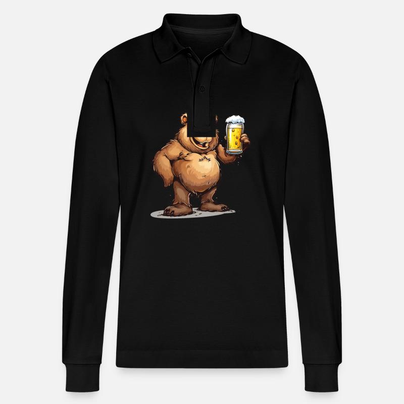 Cute Bear Drinking Beer 2 - Stanley/Stella Unisex Bio-Langarm-Poloshirt Prepster - Schwarz