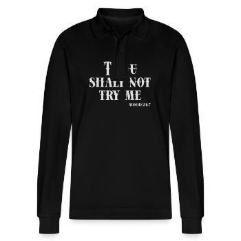 Thou Shalt Not Try Me - Mood 24:7 Humorvolle - Stanley/Stella Unisex Bio-Langarm-Poloshirt Prepster - Schwarz - Vorne - Anna (173cm) & Nico (186cm)