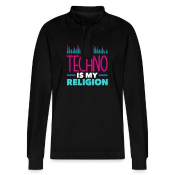 Techno Lover: Techno Ist Meine Religion - Stanley/Stella Unisex Bio-Langarm-Poloshirt Prepster - Schwarz - Vorne - Anna (173cm) & Nico (186cm)