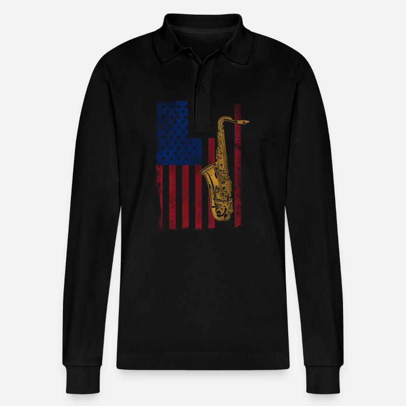 Saxophone American Flag - Stanley/Stella Unisex Bio-Langarm-Poloshirt Prepster - Schwarz