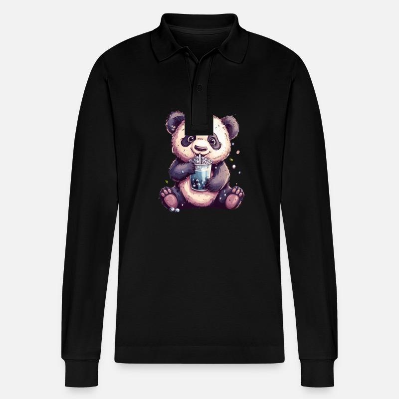 Niedlicher Panda mit Tee - Stanley/Stella Unisex Bio-Langarm-Poloshirt Prepster - Schwarz