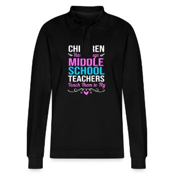 Middle School Teachers - Stanley/Stella Organic Unisex Long-Sleeved Polo Shirt Prepster - black - Front - Anna (173cm) & Nico (186cm)