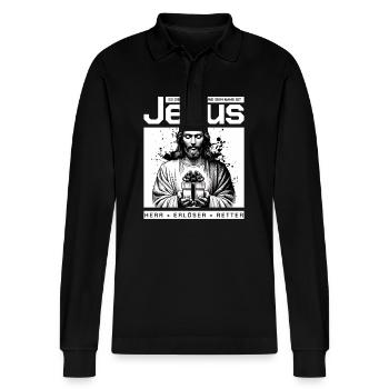 Jesus Lord & Savior - Stanley/Stella Organic Unisex Long-Sleeved Polo Shirt Prepster - black - Front - Anna (173cm) & Nico (186cm)