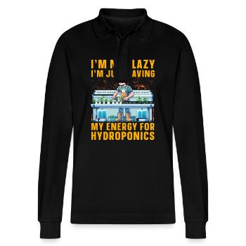 I'm not lazy I'm just saving energy for hydroponic - Stanley/Stella Organic Unisex Long-Sleeved Polo Shirt Prepster - black - Front - Anna (173cm) & Nico (186cm)