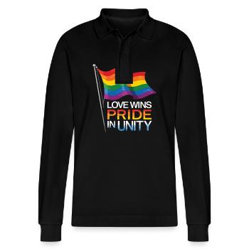 Love Wins Pride Outfit – Rainbow LGBTQ+ Design - Stanley/Stella Organic Unisex Long-Sleeved Polo Shirt Prepster - black - Front - Anna (173cm) & Nico (186cm)