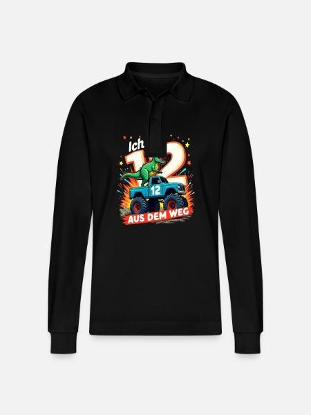 Dinosaur 12th Birthday Monster Truck - Stanley/Stella Organic Unisex Long-Sleeved Polo Shirt Prepster - black
