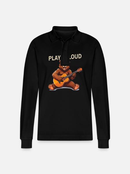 BEAR GUITAR PLAY IT LOUD - Stanley/Stella Organic Unisex Long-Sleeved Polo Shirt Prepster - black