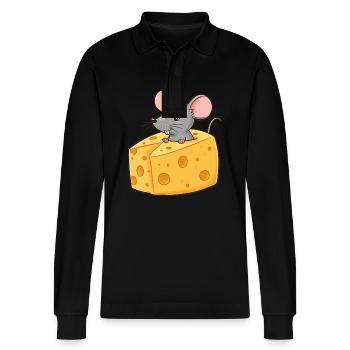 Animal Cartoon Mouse with Cheese - Stanley/Stella Organic Unisex Long-Sleeved Polo Shirt Prepster - black - Front - Anna (173cm) & Nico (186cm)
