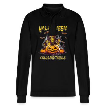 HALLOWEEN CHILLS AND THRILLS - Stanley/Stella Organic Unisex Long-Sleeved Polo Shirt Prepster - black - Front - Anna (173cm) & Nico (186cm)