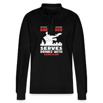 This bartender serves drinks with sarcasm - Stanley/Stella Organic Unisex Long-Sleeved Polo Shirt Prepster - black - Front - Anna (173cm) & Nico (186cm)