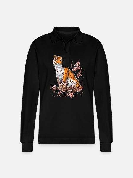 Cherry Blossom Tiger - Stanley/Stella Organic Unisex Long-Sleeved Polo Shirt Prepster - black