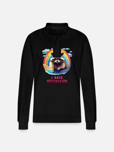 RACCOON I HAVE DEPRESSION - Stanley/Stella Organic Unisex Long-Sleeved Polo Shirt Prepster - black