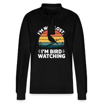 Bird Watching – Funny Nature Lover Design - Stanley/Stella Unisex Bio-Langarm-Poloshirt Prepster - Schwarz - Vorne - Anna (173cm) & Nico (186cm)