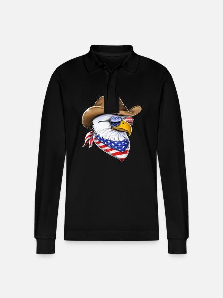American Bald Eagle Cowboy - Stanley/Stella Organic Unisex Long-Sleeved Polo Shirt Prepster - black