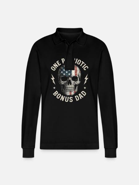 Bonus Dad with Flag Skull - Stanley/Stella Organic Unisex Long-Sleeved Polo Shirt Prepster - black
