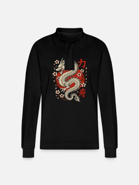 Chinese Dragon & Cherry Blossoms - Stanley/Stella Organic Unisex Long-Sleeved Polo Shirt Prepster - black