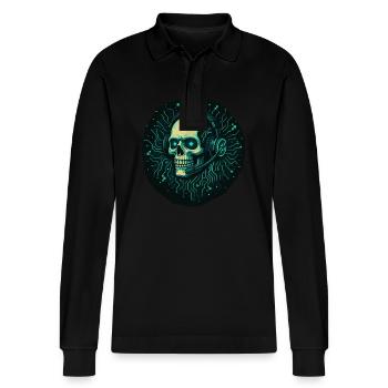 Gamer Skull - TechGaming Totenkopf - Stanley/Stella Unisex Bio-Langarm-Poloshirt Prepster - Schwarz - Vorne - Anna (173cm) & Nico (186cm)