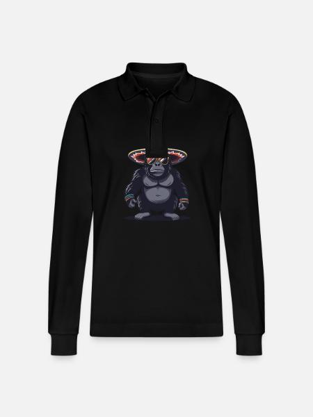 Gorilla Comic Funny Sombrero - Stanley/Stella Organic Unisex Long-Sleeved Polo Shirt Prepster - black