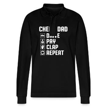Cheer Dad Drive Pay Clap Repeat - Stanley/Stella Organic Unisex Long-Sleeved Polo Shirt Prepster - black - Front - Anna (173cm) & Nico (186cm)