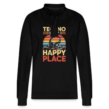 Techno My Happy Place Music Lover DJ Headphones - Stanley/Stella Organic Unisex Long-Sleeved Polo Shirt Prepster - black - Front - Anna (173cm) & Nico (186cm)