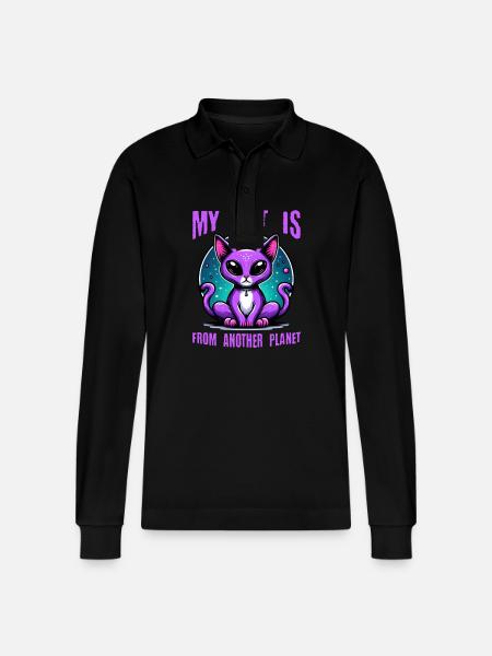Cat Astronaut Cat Lover - Stanley/Stella Organic Unisex Long-Sleeved Polo Shirt Prepster - black