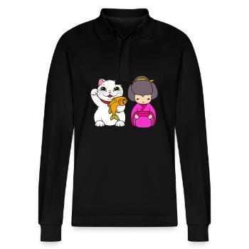 Maneki Neko Japan Glücksbringer - Stanley/Stella Unisex Bio-Langarm-Poloshirt Prepster - Schwarz - Vorne - Anna (173cm) & Nico (186cm)