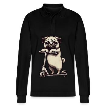 Lustiger Mops auf Scooter Comic Cartoon - Stanley/Stella Unisex Bio-Langarm-Poloshirt Prepster - Schwarz - Vorne - Anna (173cm) & Nico (186cm)