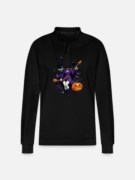 Halloween Witch With Pumpkin Illustration - Stanley/Stella Organic Unisex Long-Sleeved Polo Shirt Prepster - black