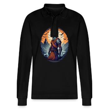 Gruseliges Halloween-partykostüm Zombie-krieger - Stanley/Stella Organic Unisex Long-Sleeved Polo Shirt Prepster - black - Front - Anna (173cm) & Nico (186cm)