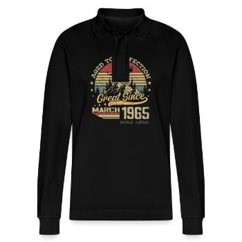 59 years old Aged to Perfection born in March 1965 - Stanley/Stella Organic Unisex Long-Sleeved Polo Shirt Prepster - black - Front - Anna (173cm) & Nico (186cm)